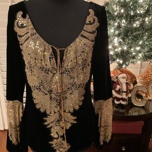 HOLIDAY Black & Gold Sequins Silk Velvet Top